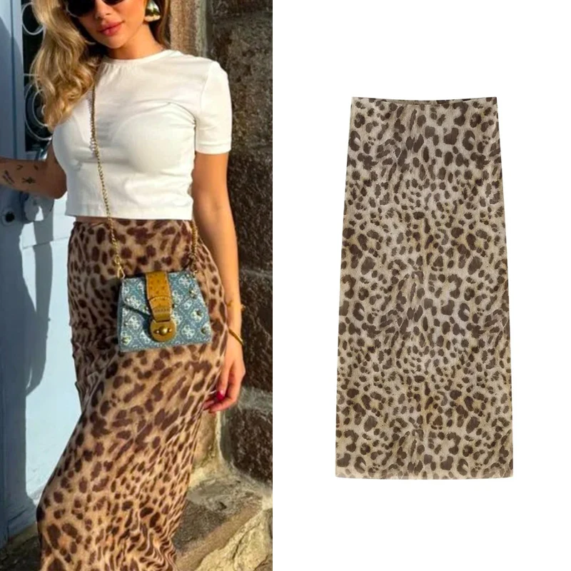 TRAF Leopard Long Skirts Women's 2024 Spring Summer Autumn Elegant Party Printed Skirts Ladies Fashion Casual Office Midi Skirts