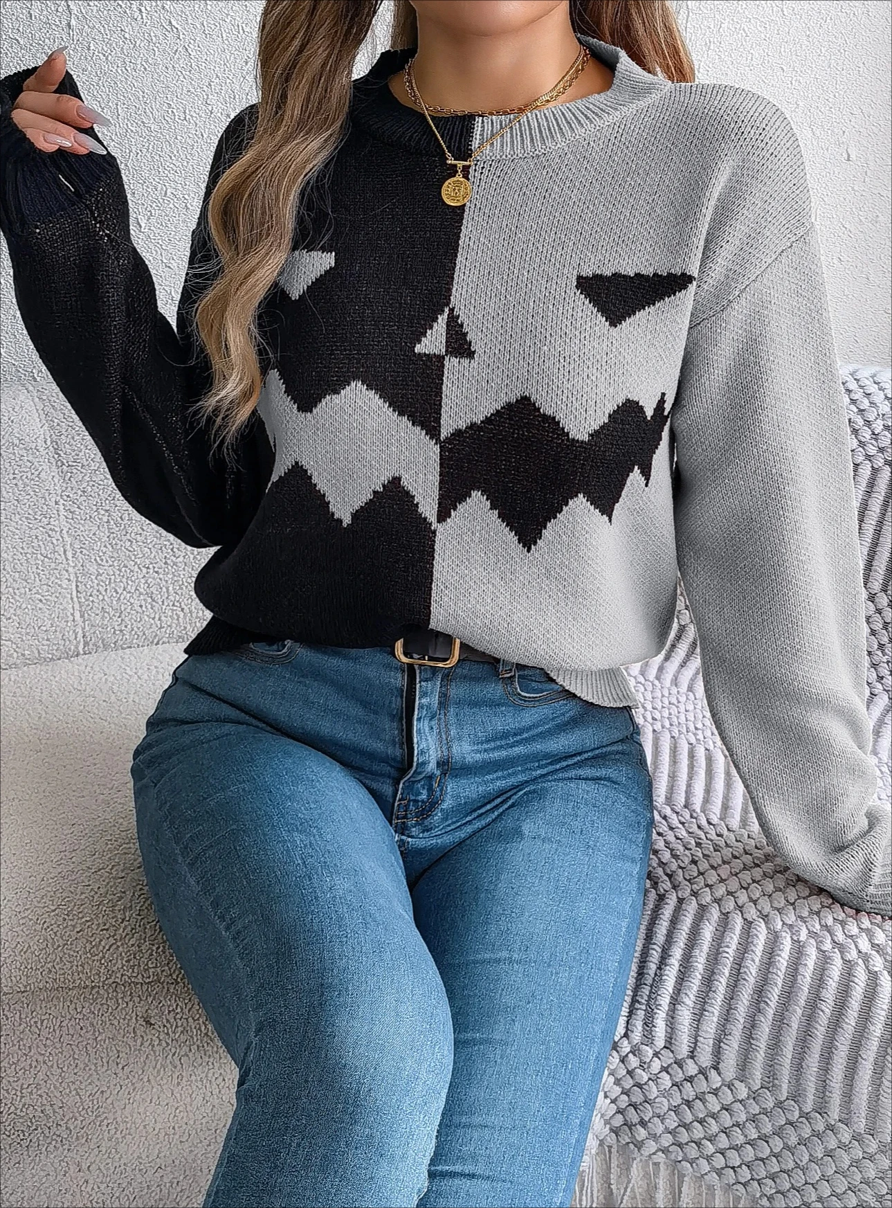 Pullover lavorato a maglia a maniche lunghe con scollo tondo casual autunno inverno Maglioni con motivo zucca a contrasto di colore da donna di Halloween