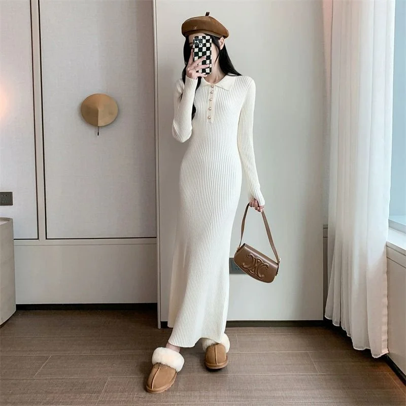 Women Dress Vintage Bodycon Long Sleeve Knitted Simple Elegant Long Dress Black Beige Evening Night Party Dress vestido