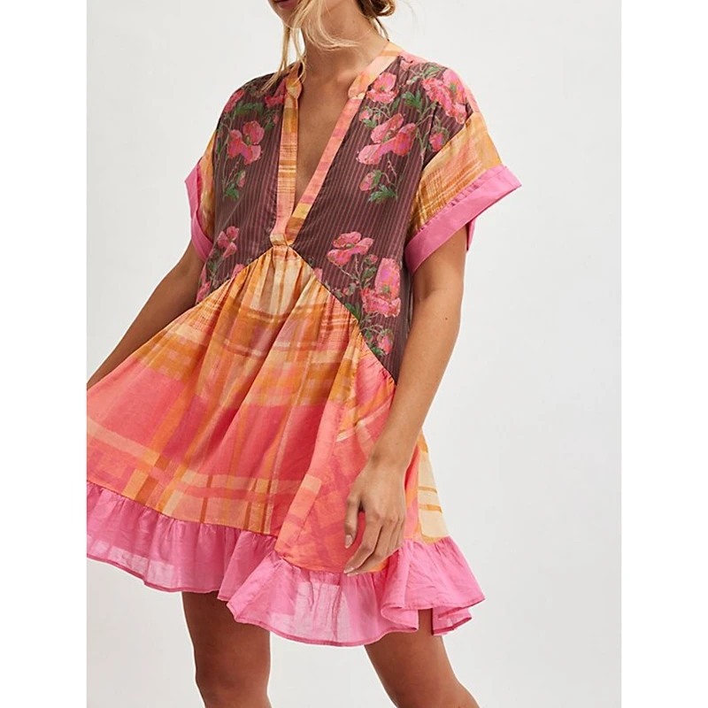 Women Boho Floral Babydoll Mini Dress Y2k Puff Sleeve Ruffle Flowy Hem Casual Short Dress Cute Summer V Neck Patchwork Sundress