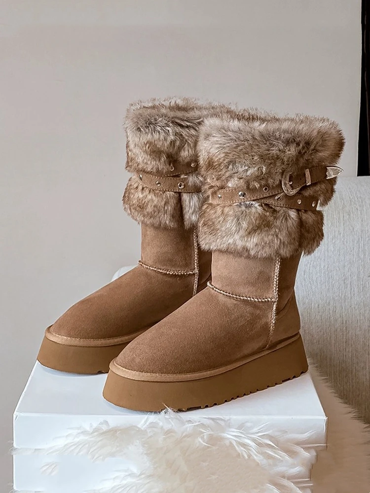 

Snow Boots Women's Winter New Arrival High-end Sense Height Increasing Plush Boots Plush Lined Warm Belt Buckle Mid-Calf Cotton