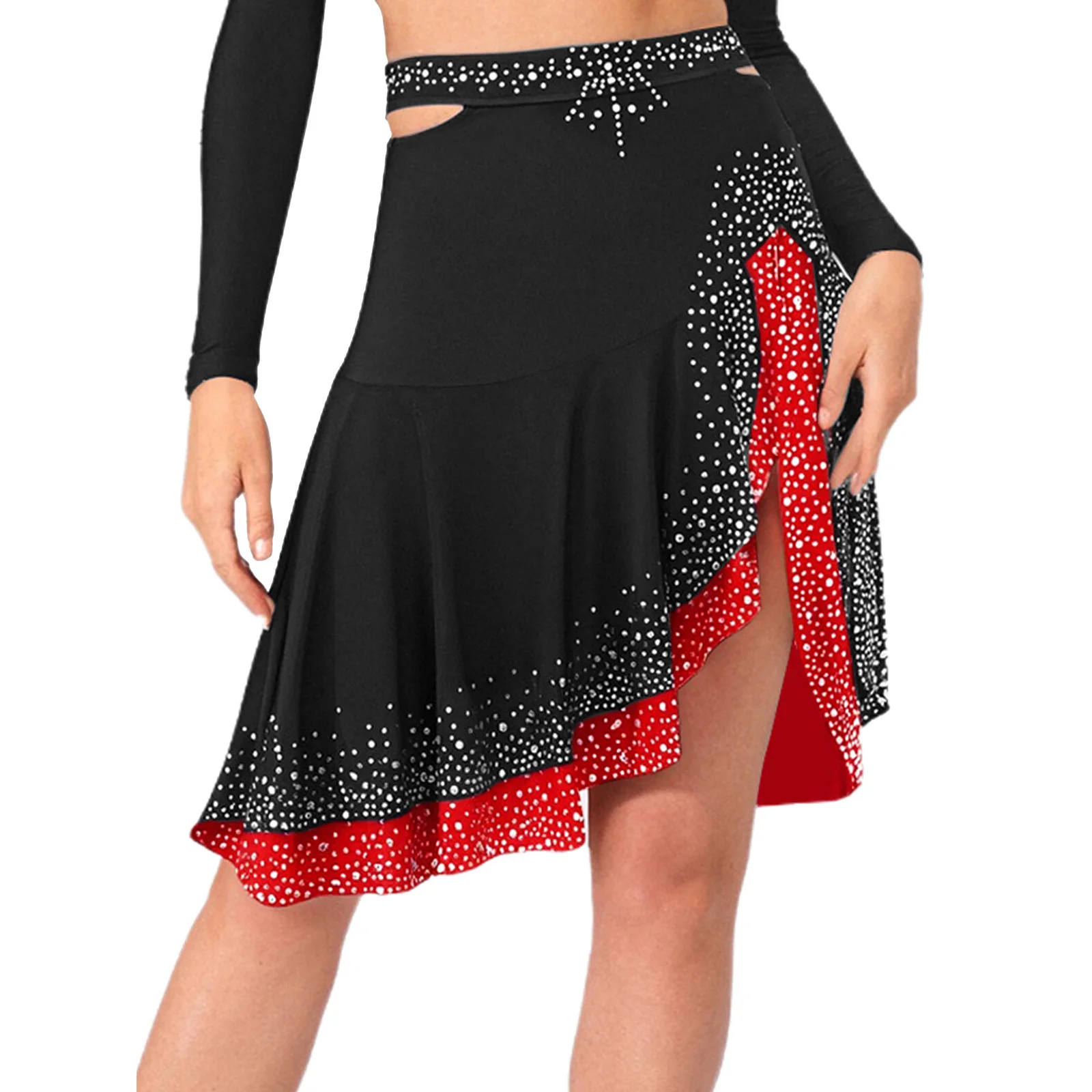 

Women Salsa Dancewear High Low Ruffled Skirt Sparkling Rhinestones Jazz Dance Costume for Jazz Latin Dance Performance Dancewear