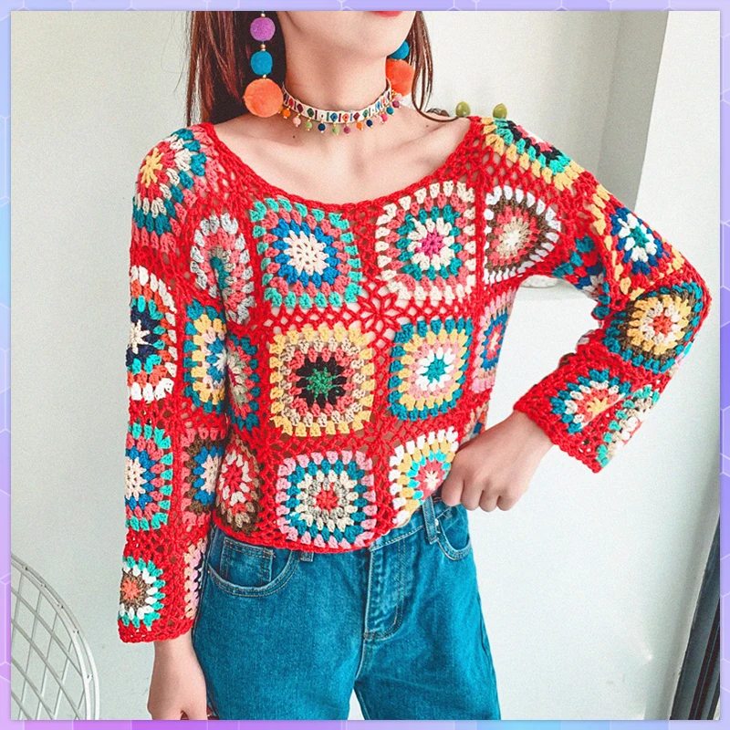 Boho Retro Sweaters Vintage Hand Made Crochet Tops Sweater Women's Long Sleeve Hollow Out Knitted Pullover Cropped Blouse 2022