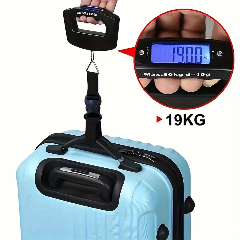 Portable digital scale with LCD display, electronic luggage hanging tool, for use with suitcases, luggage bags and handbags.