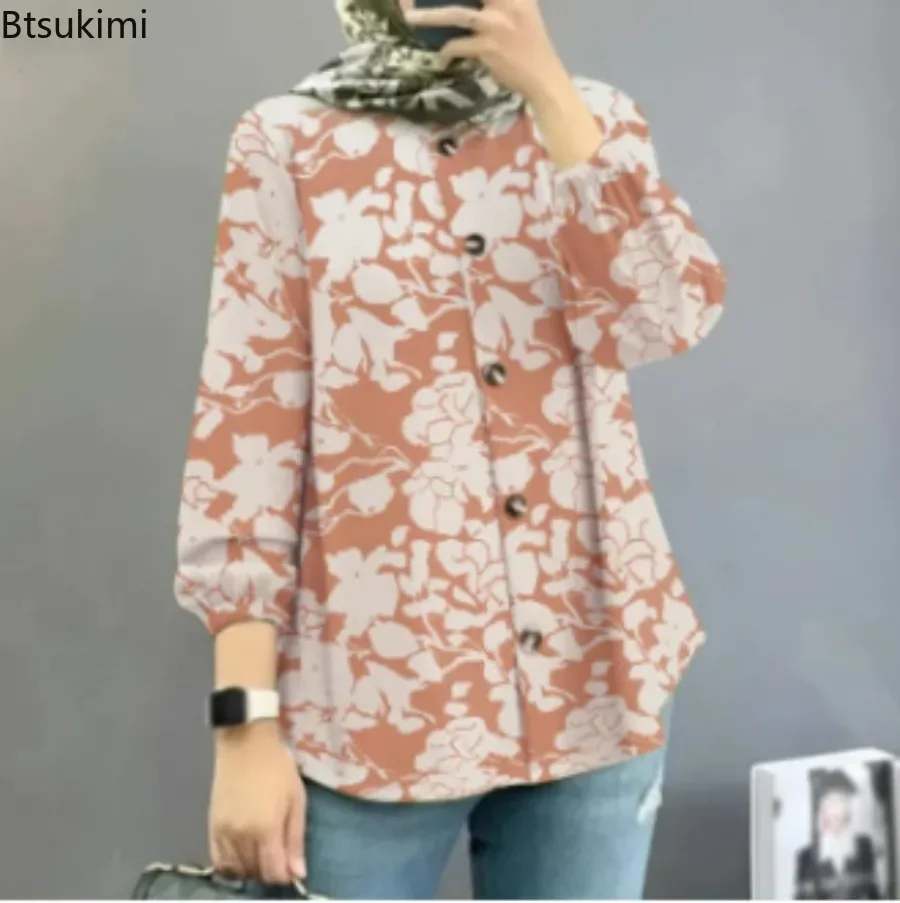 2025 Women Bohemian Blouse Vintage Floral Print Long Sleeve Lace-up Shirt Tops Casual Fashion Muslim Abaya Holiday Blusas Mujer