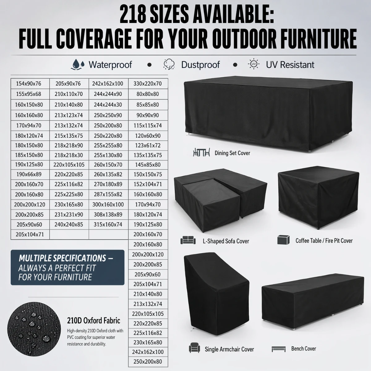 218 Sizes of Patio Furniture Covers, Table and Chair Covers, Waterproof, Dustproof, UV-proof 210D Oxford Cloth Protective Cover
