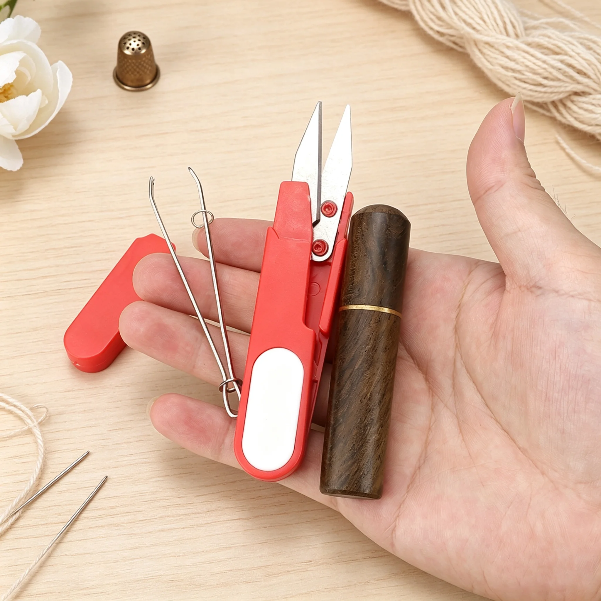 1set Portable Knitting Tool Set, Sewing Thread Cutter Yarn Scissors, Drawstring Threader, DIY Hand Crochet Knitting Accessories