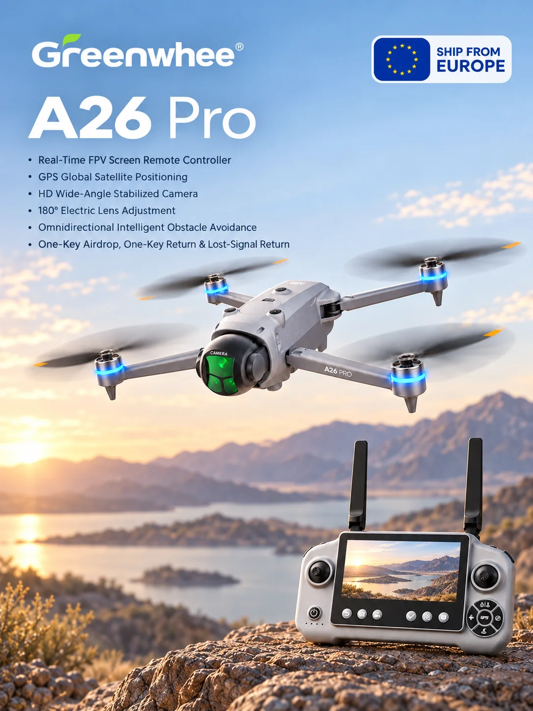 Dron A26 Pro GPS z pilotem z ekranem, stabilizowaną kamerą HD o szerokim kącie widzenia, 180 ° Elektryczna regulacja obiektywu, wszechstronne unikanie przeszkód, zrzut ładunku i automatyczne powrót. — 2
