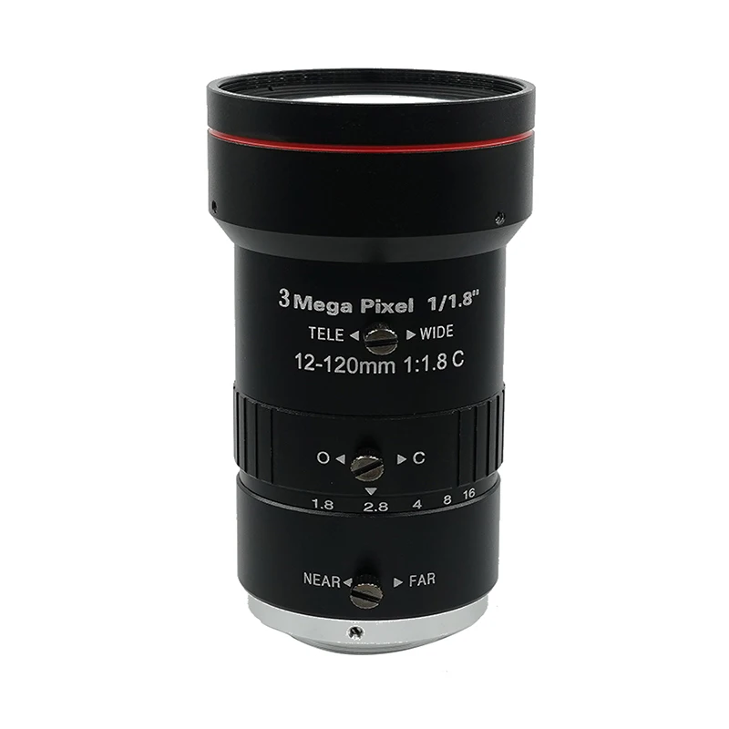 Объектив с переменным фокусным расстоянием F1,8 12–120 мм |   3MP 1/1,8" C-Mount |   ИК-коррекция для видеонаблюдения 24/7 и промышленного наблюдения