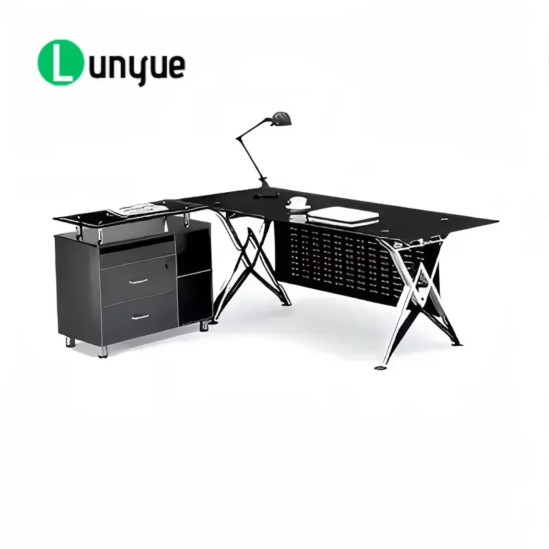 Modern Black Glass Computer Desk Extendable Metal Frame Office Table Fashionable Home Workstation Furniture for Small Spaces