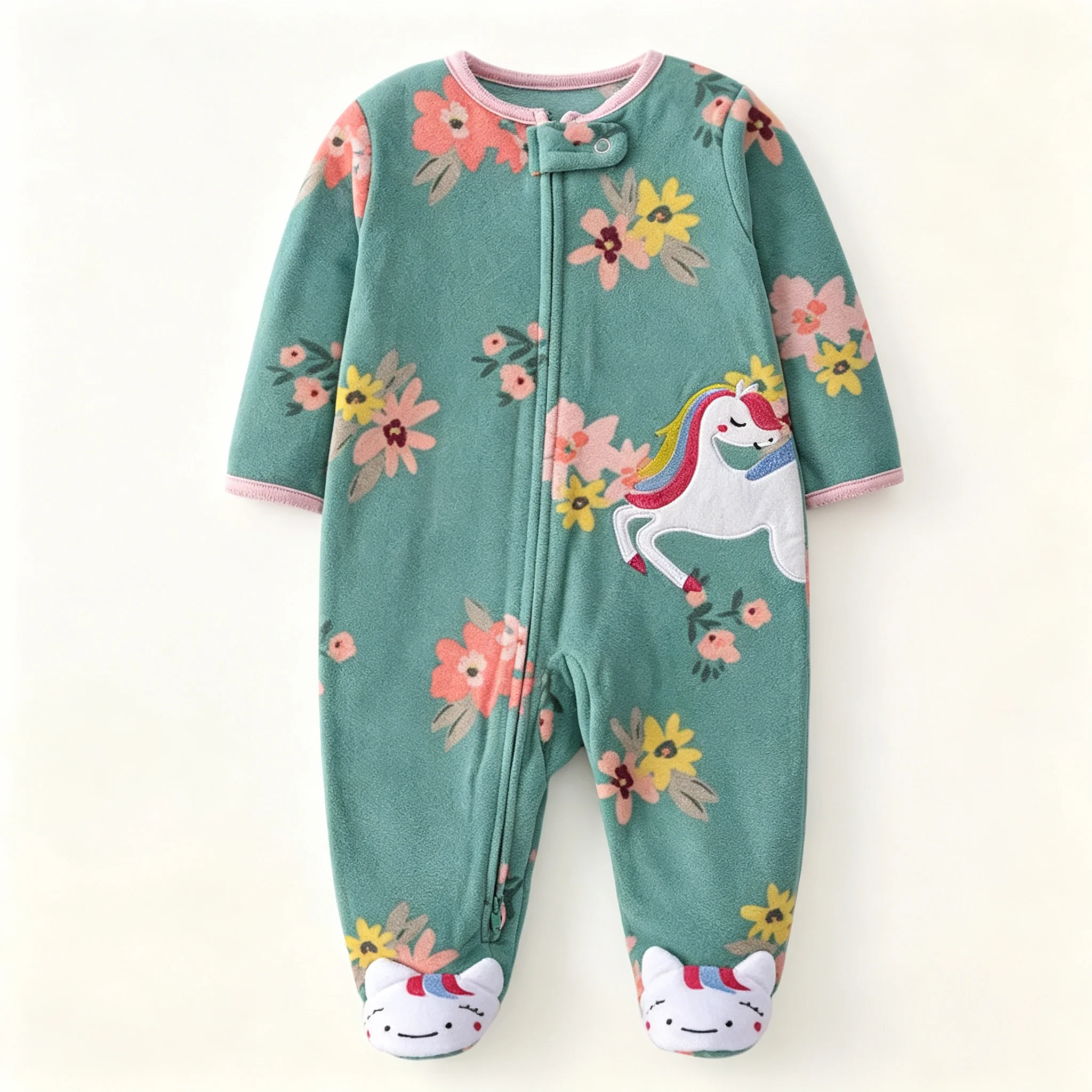 Infant Polar Fleece Footed Jumpsuit Unicorn Embroidery Floral Baby Zipper Bodysuit 3~12 Months