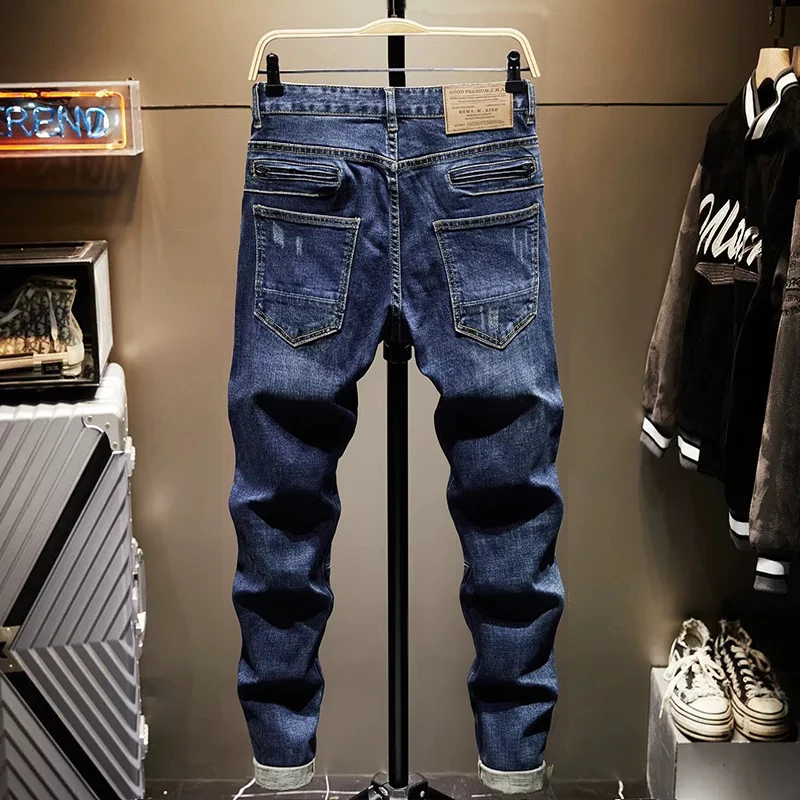 High Street Designer Fashion Men Jeans Retro Dark Blue Stretch Slim Fit Spliced Biker Jeans Men Y2K Hip Hop Vintage Denim Pants