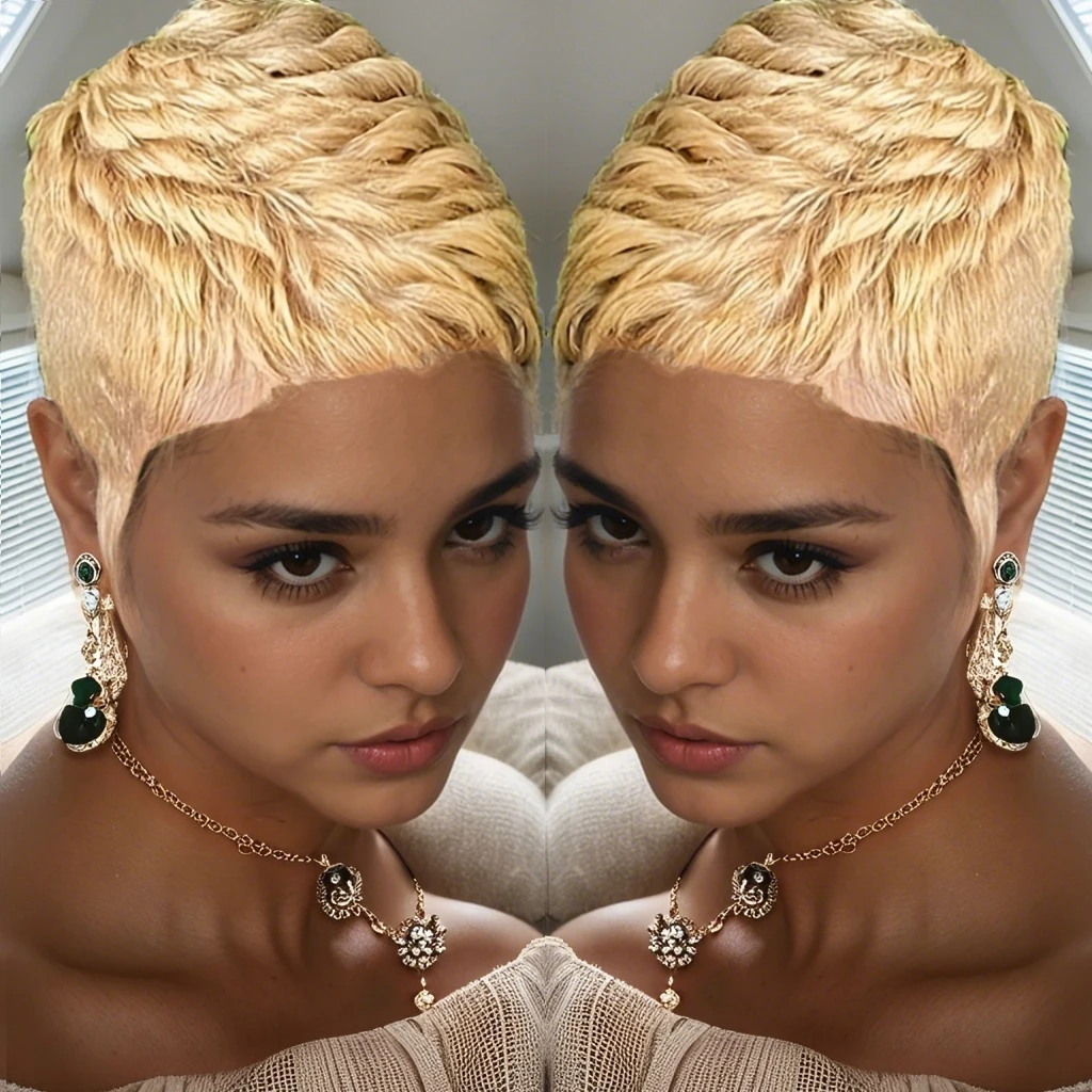 

Короткий парик с стрижкой пикси с челкой, человеческие волосы, машинное производство, парики, блондинка, плотность 180 для женщин