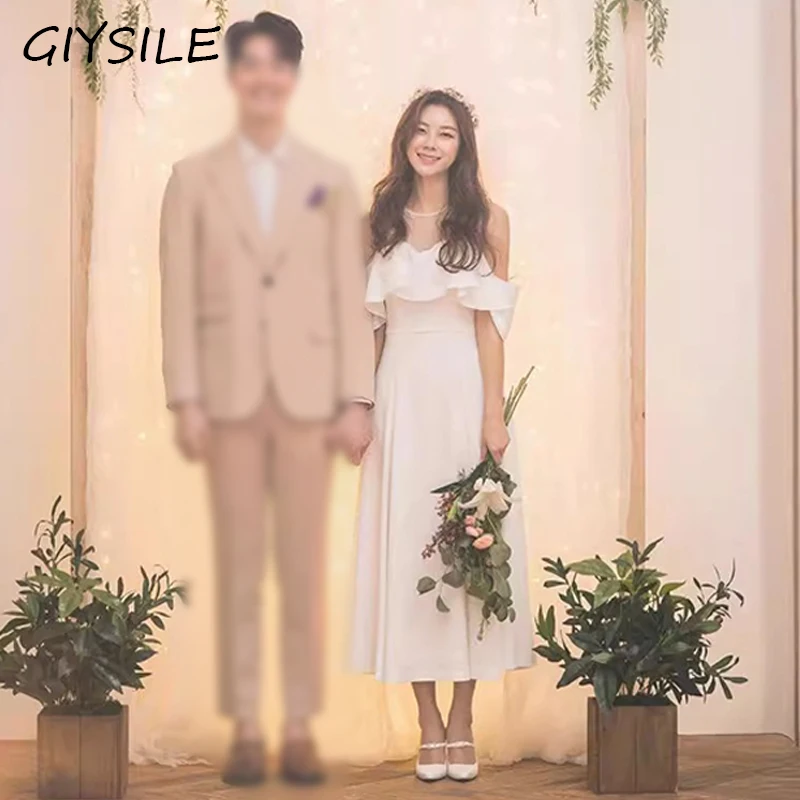 

Simple Mid-length Evening Dress Bride Wedding Shooting Daily Satin White Dress 2024 New Korean Wedding Dresses Party Dress