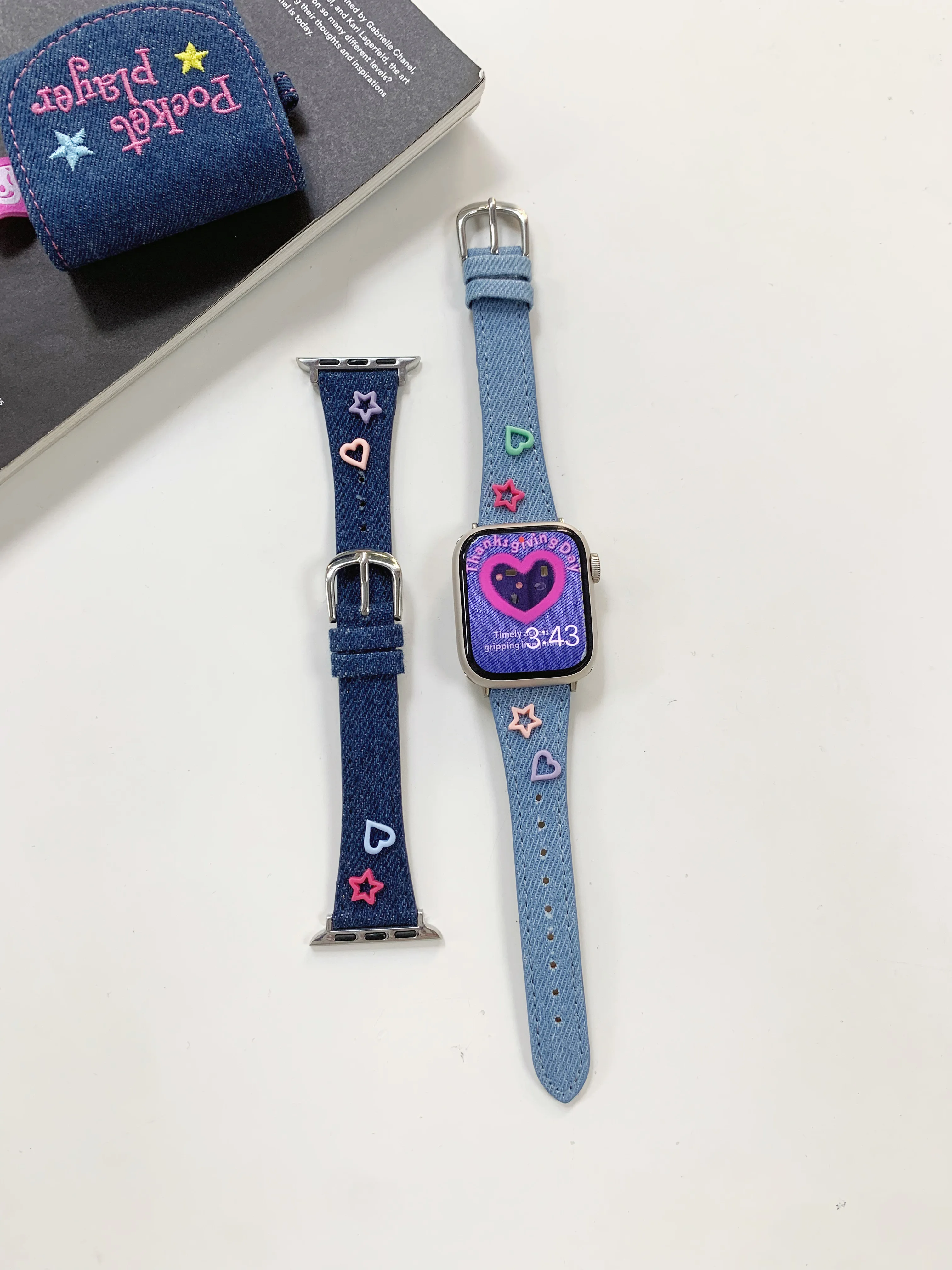 Y2k Star Heart Denim Canvas Band For Apple Watch Band 41mm 40mm 38mm Girl Band For iwatch series 8 7 SE 6 5 4 3 Strap bracelet