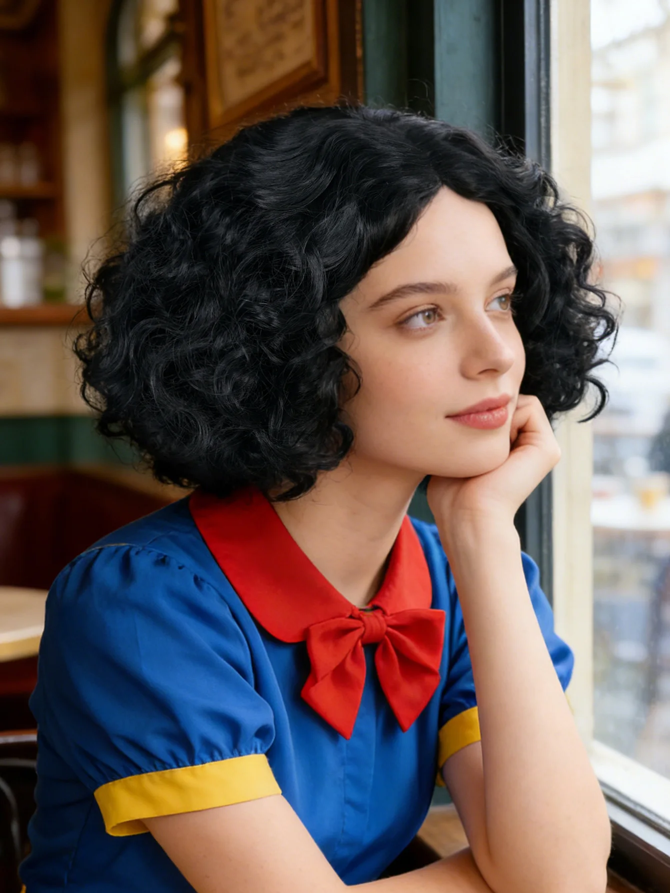 Synthetic Black Short Curly Bob Wig Princess Cosplay Wig Retro Soft Wave Hair For Women Halloween Carnival Party Dress Up