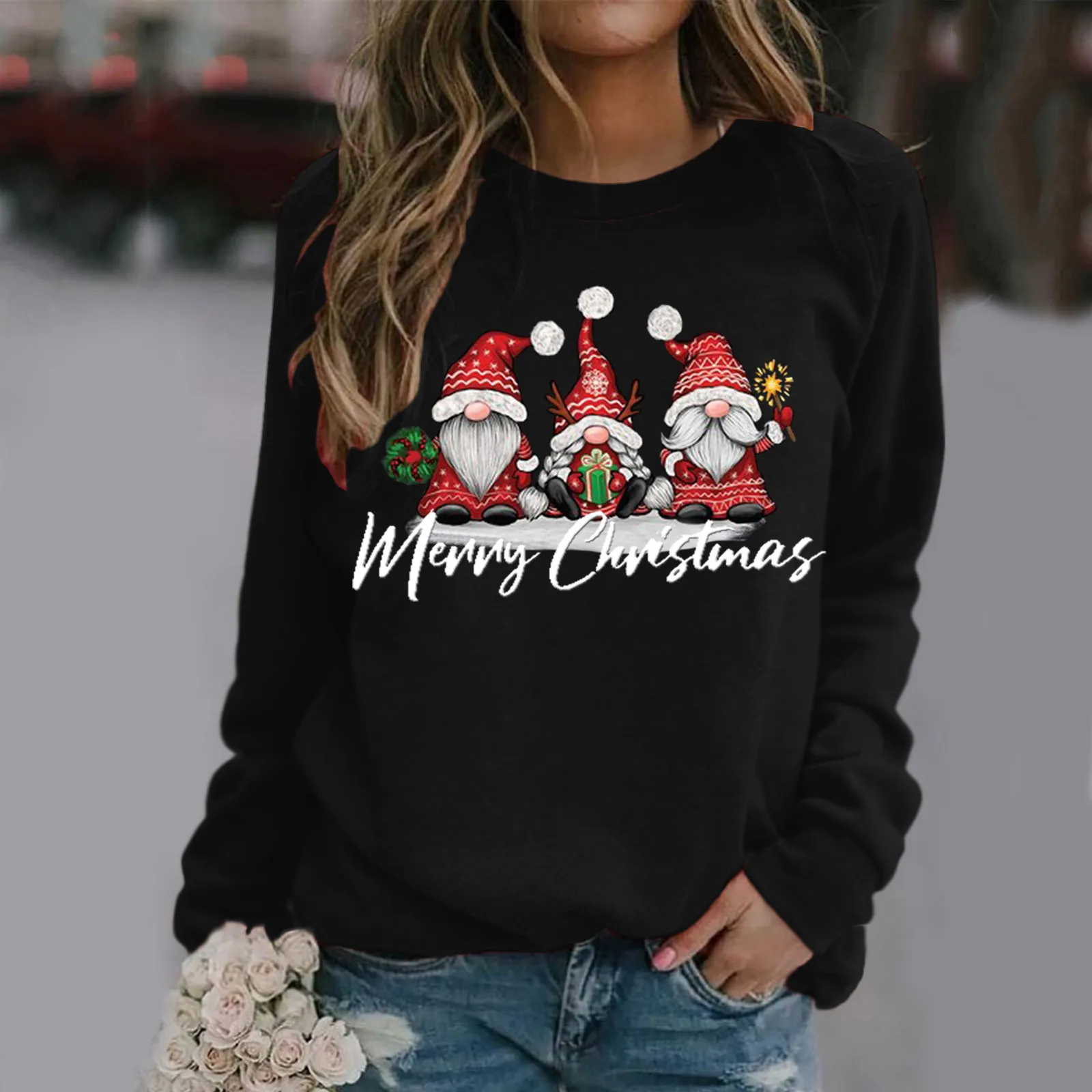 2024 Women Gnome Graphic Christmas Sweatshirts Faceless Doll Print Hoodies Round Neck Long Sleeve Pullovers Tops