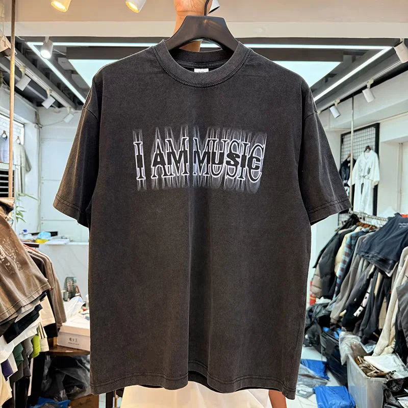 High Street Simple Shadow Letter Old Short Sleeve I AM MUSIC T Shirt Men Women T-shirt Top Tees