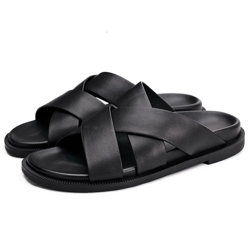 

Brand Man Slippers Genuine Leather Slides Basic Outdoor Beach Fashion Men's Sandals Casual Luxury Designer Shoes For Man