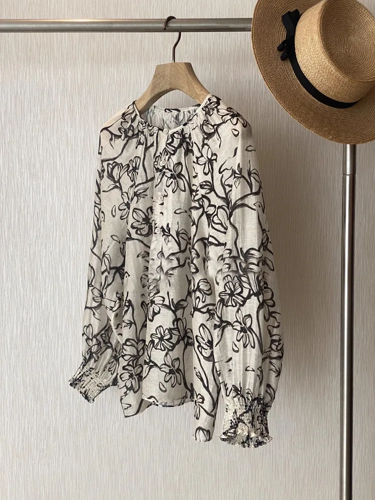 

Bohemian Retro Ink Print Shirt Single-breasted O-Neck Long Sleeve Spring And Autumn Shirt Blouse Women Holiday Casual Beach Tops