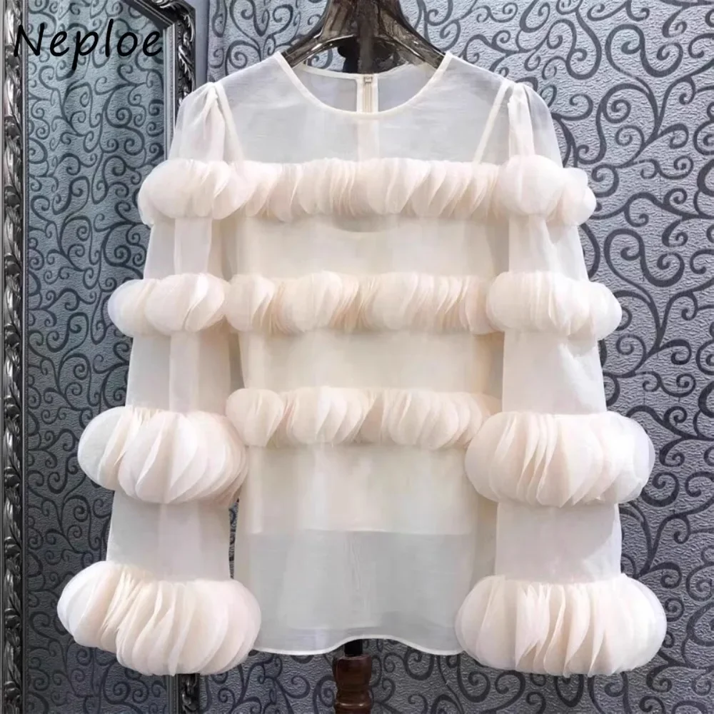 

Neploe Personalized Long Sleeve Ruched Chiffon Shirt Spring Unique Fresh Exquisite Women Clothing New Sweet All-match Top