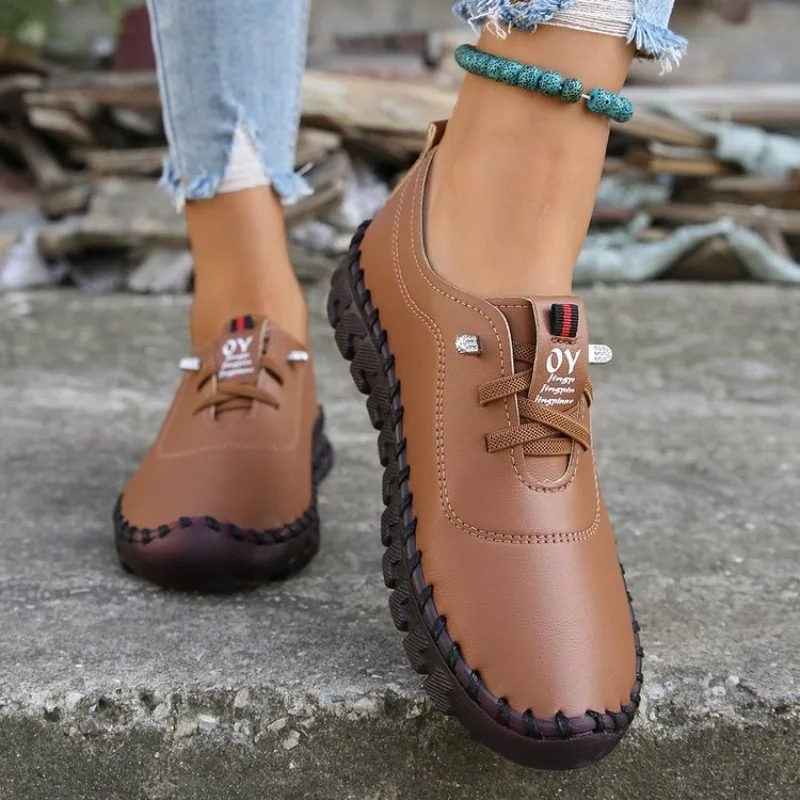 New Spring Casual Women Shoes Platform Loafers 2022 Lace Up Leather Flats Slip-On Mom Shoe Mujer Zapatos Chaussure Femme
