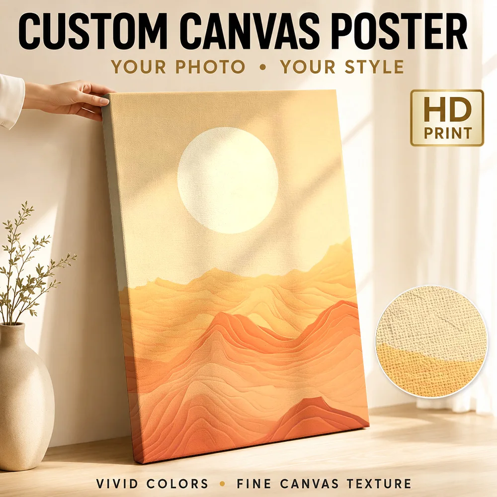 Sun Above Layered Desert Hills Framed Canvas Poster Personalized Photo Stylized Graphic Illustration Wall Art For Guest Room