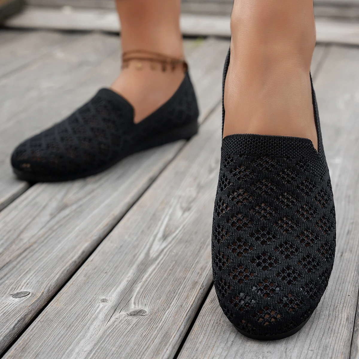 Women's Solid Color Knit Loafers Lightweight Anti Slip Flat Shoes for Casual Wear