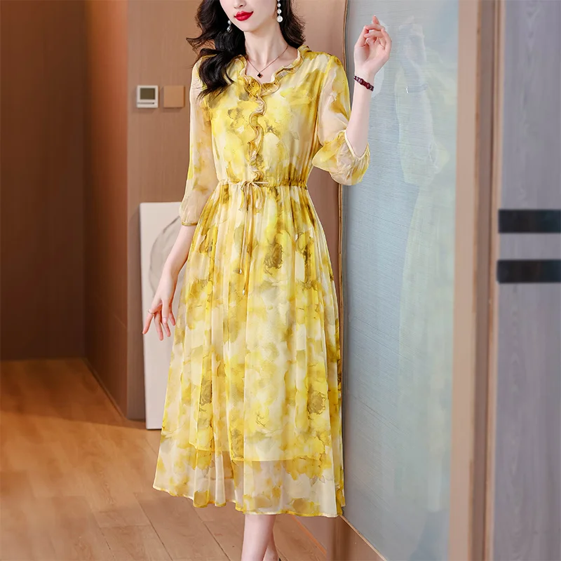 2024 Summer Korean Vacation Fashion Elegant Midi Dress New Luxury Dance Party Dress Women Boho Beach Floral Silk Casual Vestidos