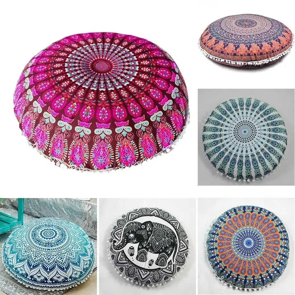 1pc Round Pillowcase Printed Bohemian Cushion Cover Indian Elephant Printed Cushion Cover Boho Meditation Floor Pillows Case