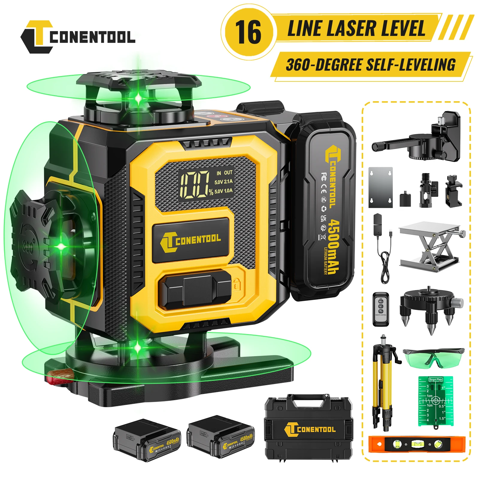 CONENTOOL 16-Linien 4D Laser-Nivelliergerät mit Stativ, Grüne Linie Selbstnivellierend 360° Horizontal Vertikal Kreuzlinien-Messgerät mit Leistungsstarkem Strahl