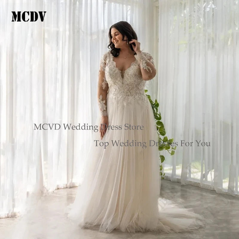

MCDV Plus Size Lace Wedding Dress Long Sleeves V Neck A Line Bride Gowns For Women Applique Tulle Vestido De Noiva