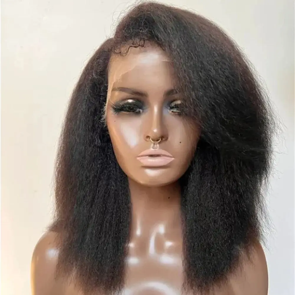 

Natural Black Yaki 24Inch 180Density Lace Front Wig For Arican Women Kinky Straight Babyhair Preplucked Heat Resistant Glueless