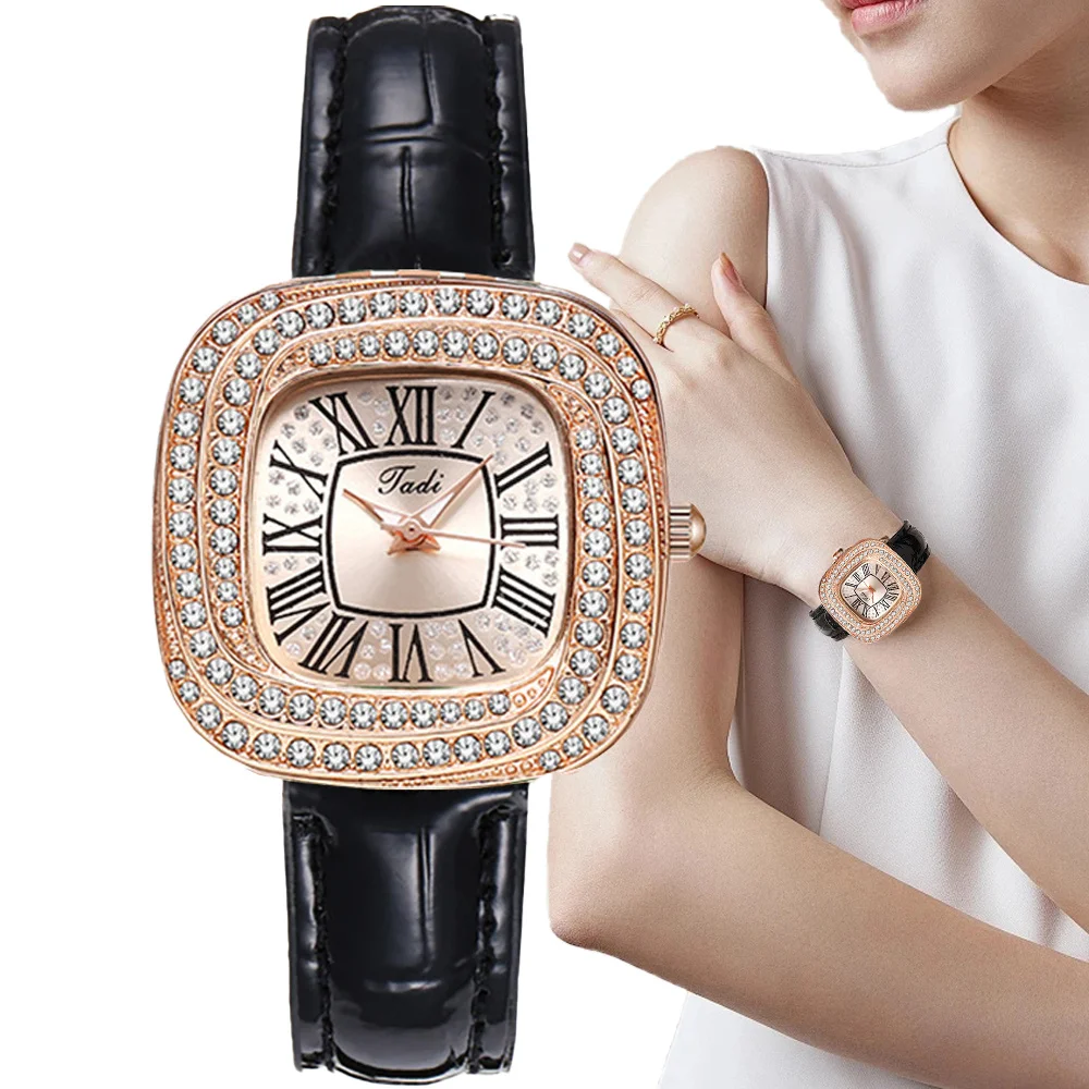 Moda 2024 de lujo cuadrado romano diamantes señoras reloj de cuarzo casual de cuero negro reloj de pulsera de regalo de las mujeres