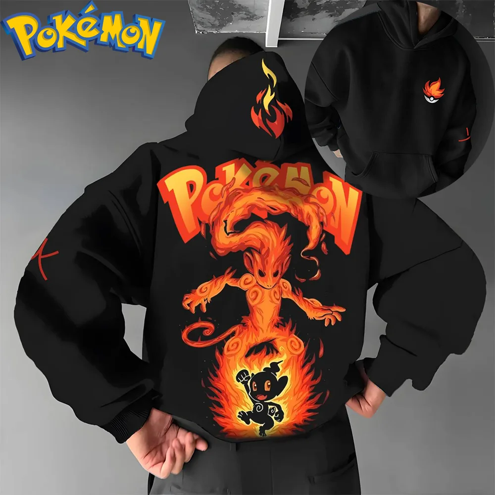 طقم سراويل هاراجوكو بقلنسوة قطنية من Pokemon Anime Infernape بنمط لهب أسود برتقالي مع تصميم شخصية صغيرة مكون من قطعتين #1