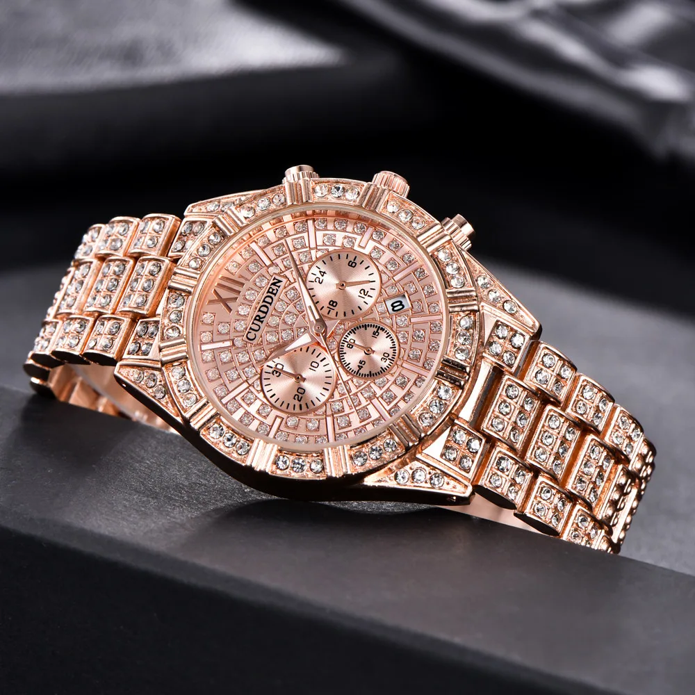 

Full Rhinestone Men’s Watch Chic Geometric Steel Band Couple Watch Romantic Rose Gold Three Eye Calendar Quartz Wristwatch