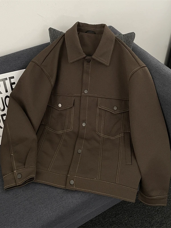 

Мужская повседневная куртка свободного кроя с текстурой, весна-осень, в американском стиле, с отложным воротником, рабочая одежда, ветрозащитная, с длинными рукавами, однотонная