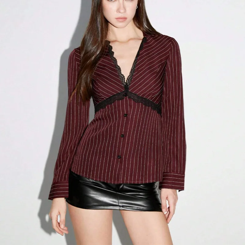 

Sensual Lace Long-sleeved Shirt 2025 Autumn and Winter Slim-fit Striped Blouse for Women