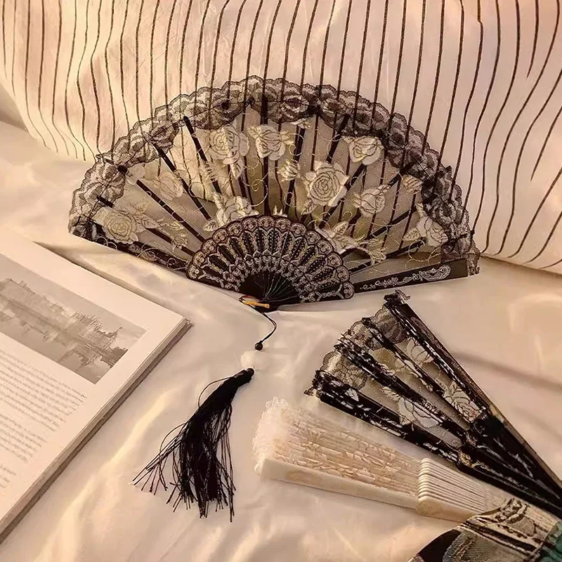 Lace Decorative Fans Folding Hand Fan Black White Dancing Fans Wedding Party Stage Performance Fan Gifts For Guest