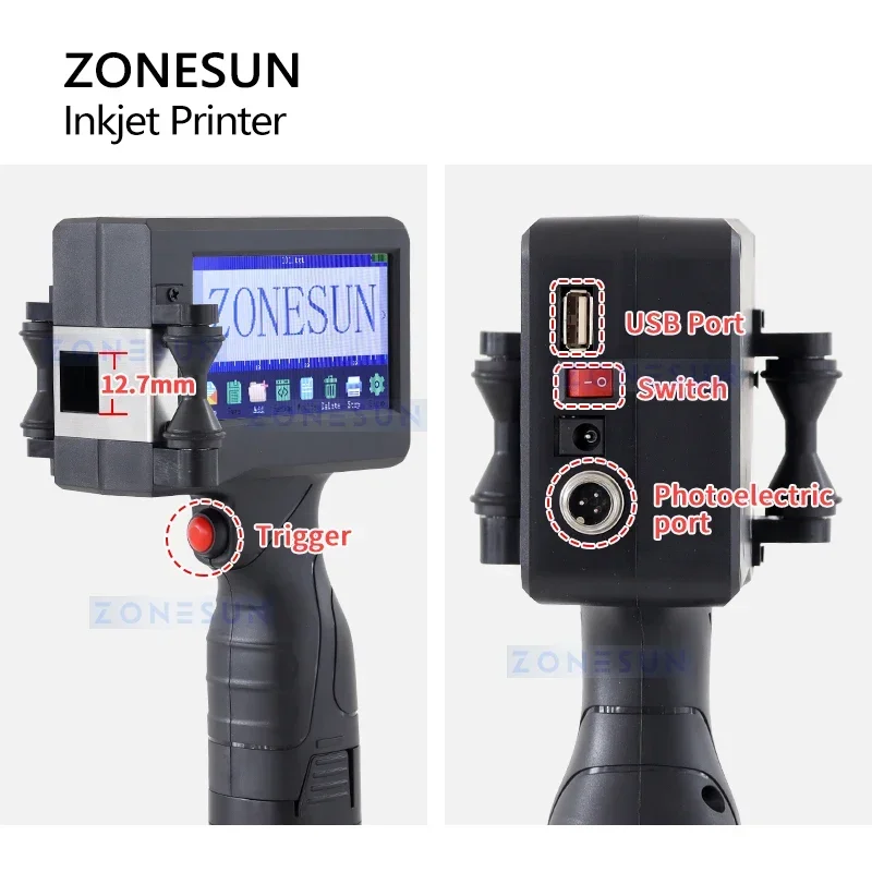 ZONESUN ZS-HIP127 Handheld Inkjet Printer with Touchscreen USB for QR Code Serial Number Expiry Date on Carton Rubber Metal