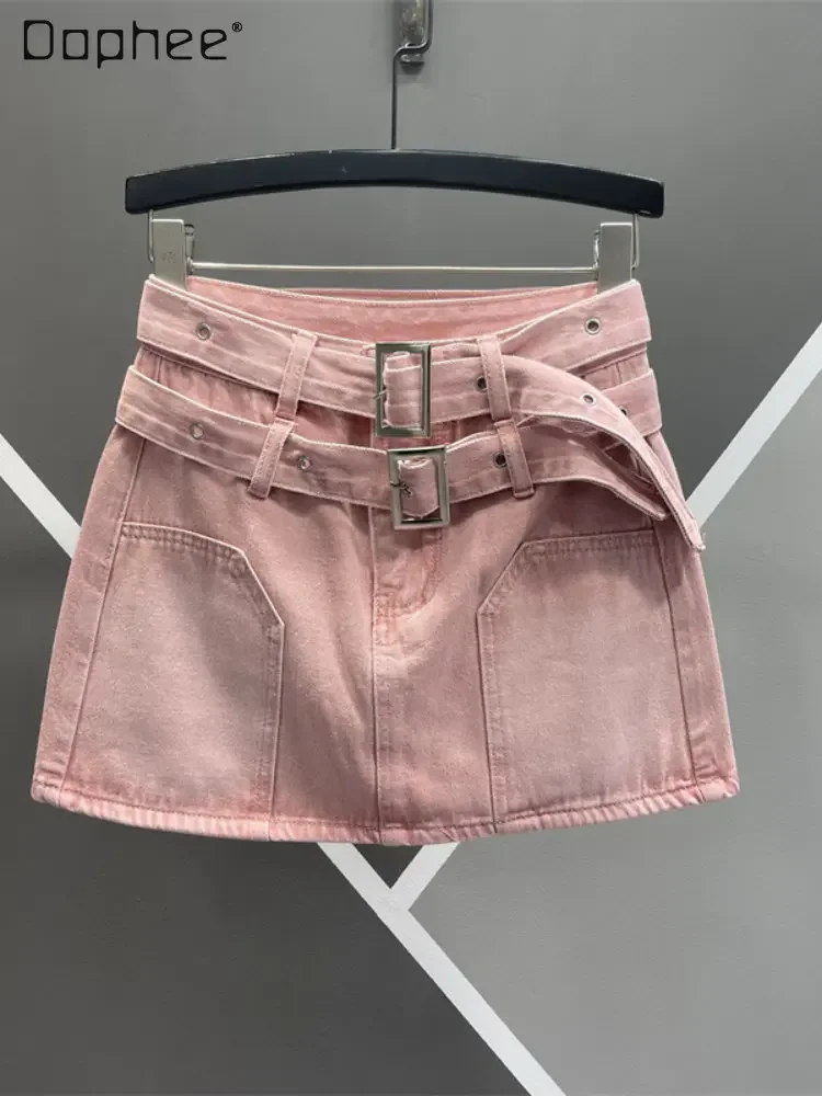 Streetwear Women Sheath Pink Denim Skirt European 2023 New Summer Anti-Exposure High Waist Slimming A- Line Short Denim Skirts