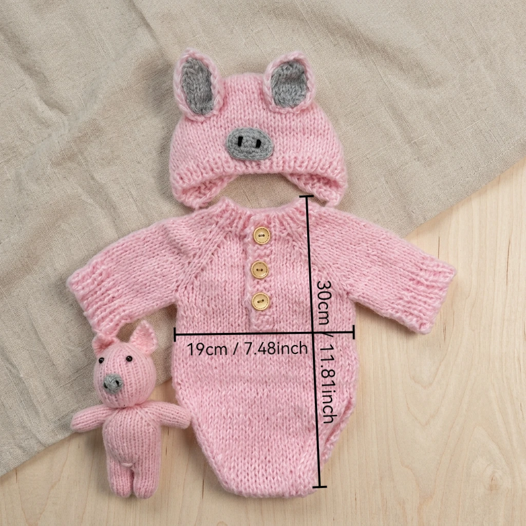 Newborn Photography Props Adorable Pig Costume 3Pcs Handmade Crochet Romper Hat Shorts for Baby Boys Girls Gift