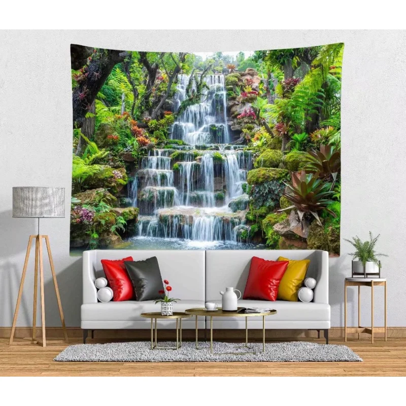VIKAMA Panoramic Waterfall Rainforest Tapestry 3D Water Flow Greenery Mural Living Room Television Feature Wall Decoration