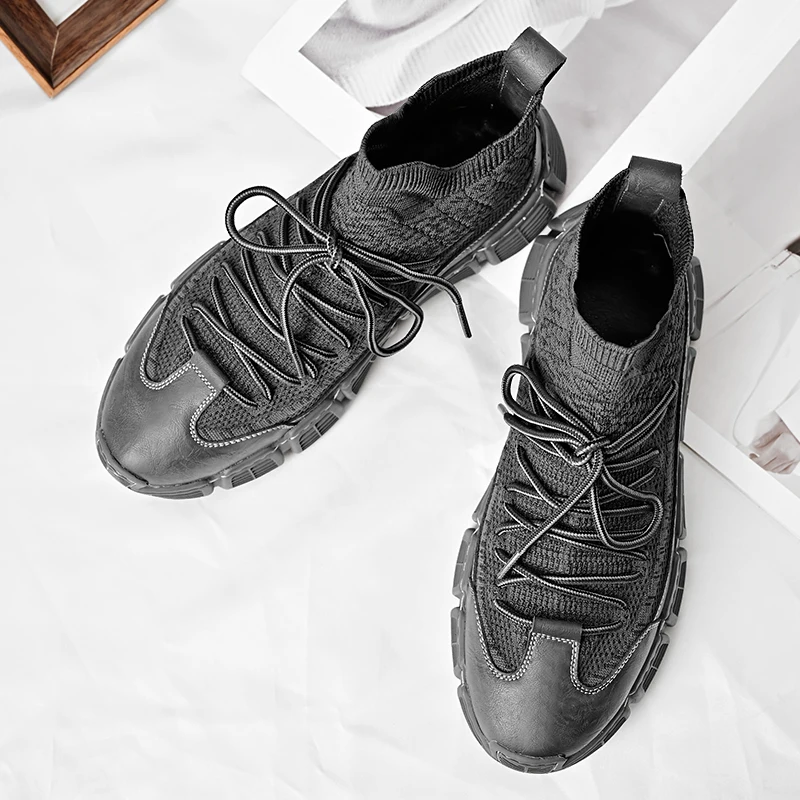 Men High Top Boots New Breathable Fly Woven Mesh Splicing Sports Fashion Casual Youth Running Boots