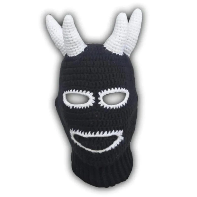 Funny Horn Balaclava for Women Men Adult Halloween Face Mask Beanie Hat Handmade Warm FaceCover Hooded Hat for Party