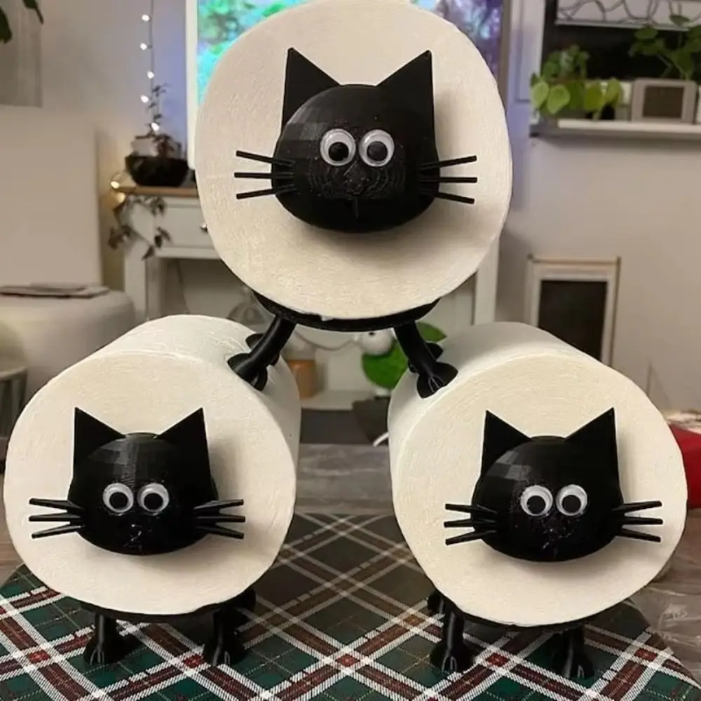 3 PCS Cat Shape Roll Paper Holder 3D Printed Bath Storage Toilet Paper Rack Loo Roll Holder Black Toilet Tissue Rack Kitchen