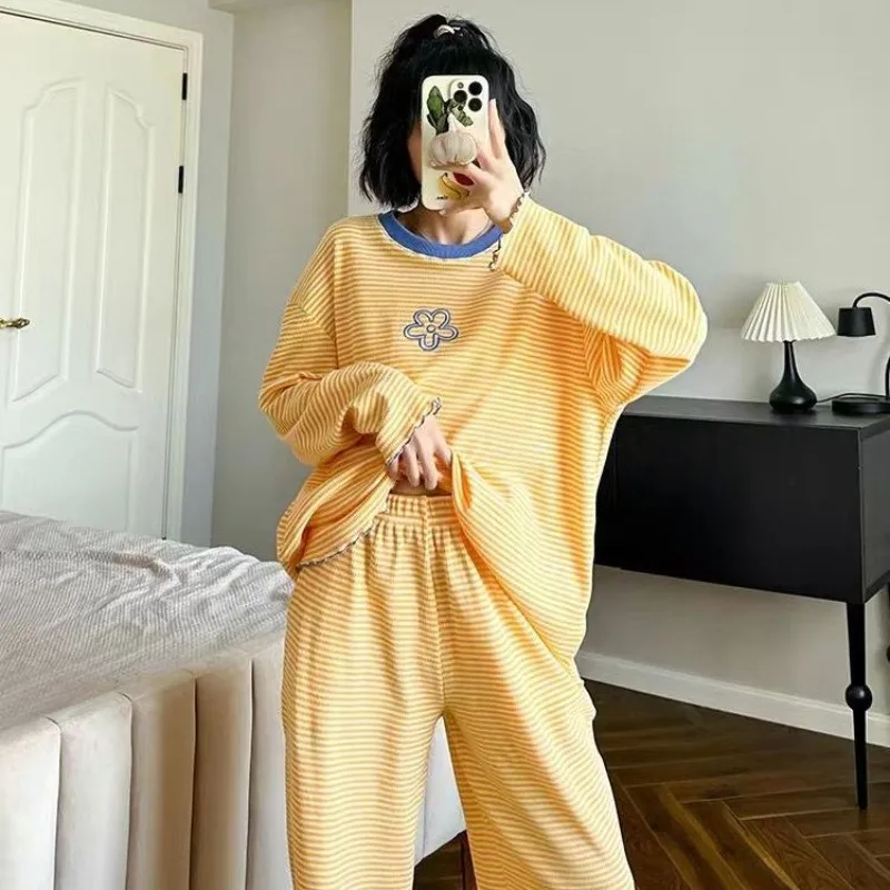 100kg Large Size Korean Version Sriped Pajamas Women's Spring Loose Loungewear Set Long Sleeve Long Pant Sleepwear Home Clothing