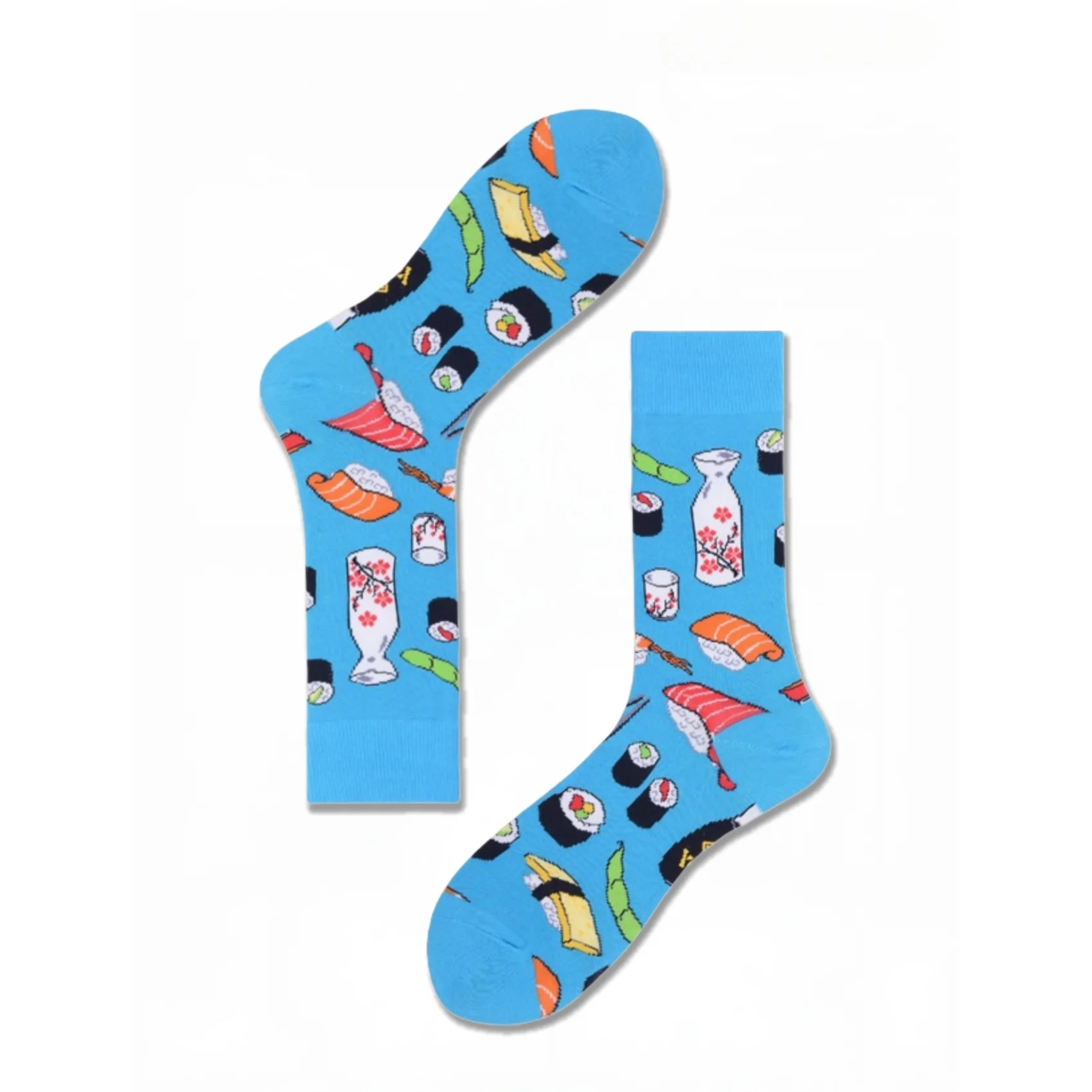 1 Pair Crew Socks With Japanese Cuisine Sushi Food Print In Blue, Comfortable Breathable Moisture-Wicking, Interesting Novelty