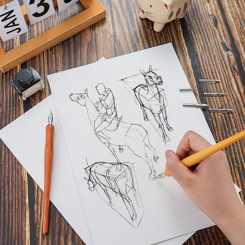 Solid Wood Dip Pen Calligraphy Kits Vintage Handmade Pens Replaceable Nibs Gothic Tips Irregular Wooden Rods Stable Grip