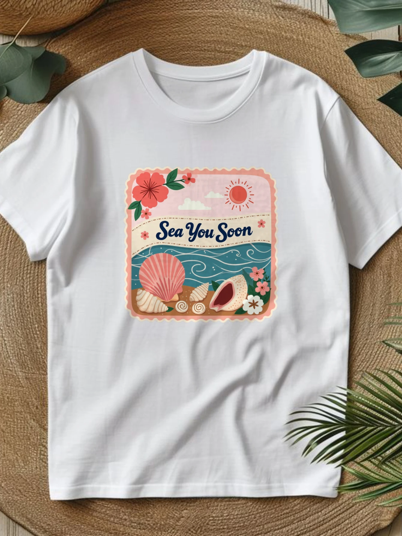 Cute Crop Top, Women's Round Neck T-Shirt, Spring and Summer Women's Clothing, Ocean Shell Floral Design, Fashionable Casual Choice, Attitude T-Shirt, Local Delivery